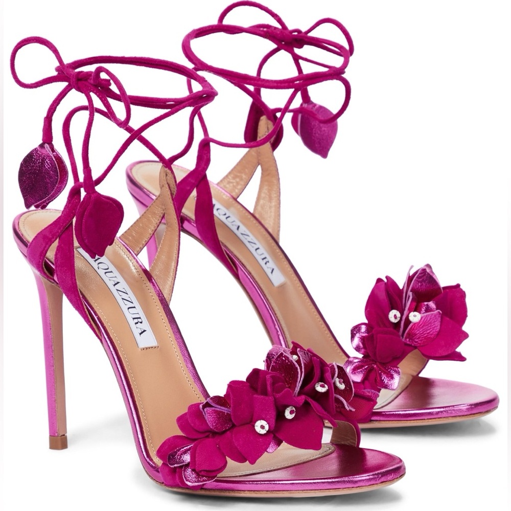 AQUAZZURA Bougainvillea Ankle-Wrap Metallic
Leather Sandals SZ EU 38 US